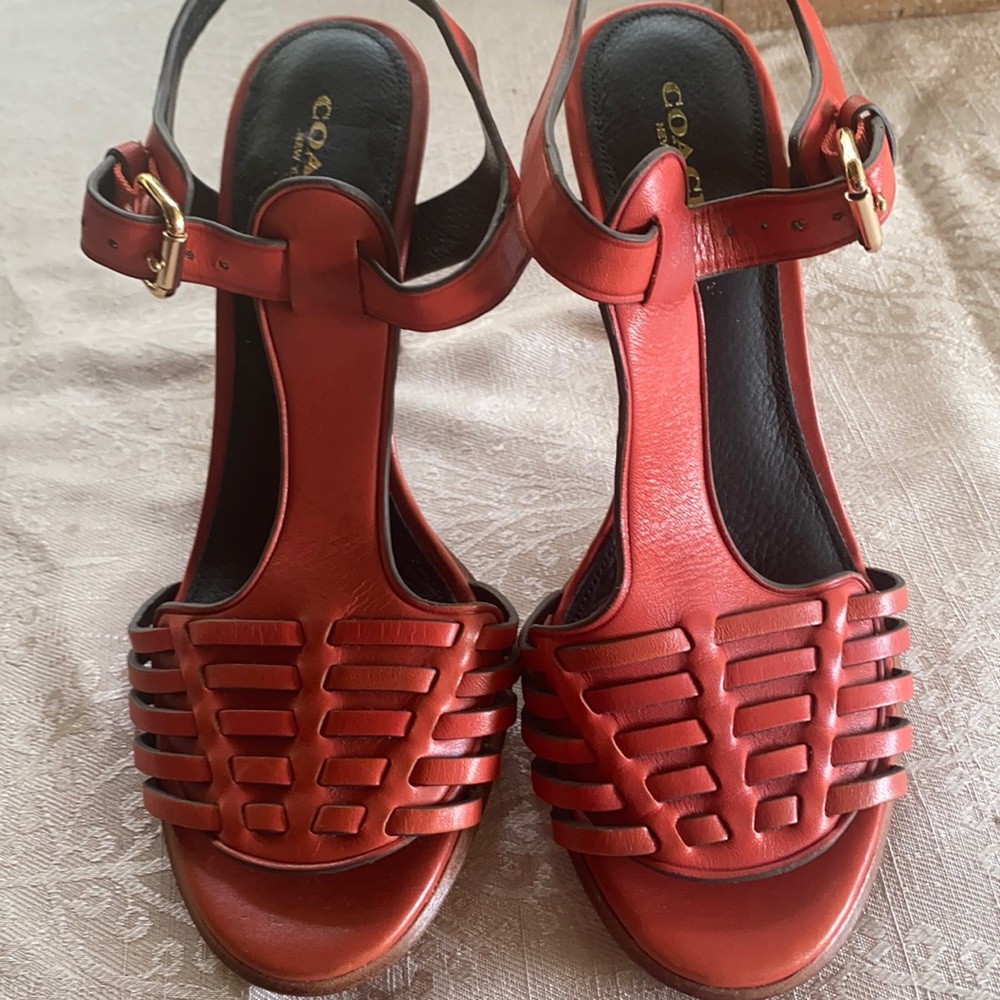 Coach- “Izzy” - burnt orange- T Strap- open toe- woven- wood heel- sexxxy!